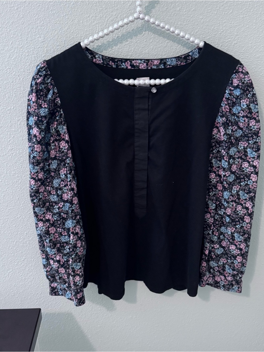 Rebecca Taylor Black Blouse with Pink & Blue Floral Puff Sleeves